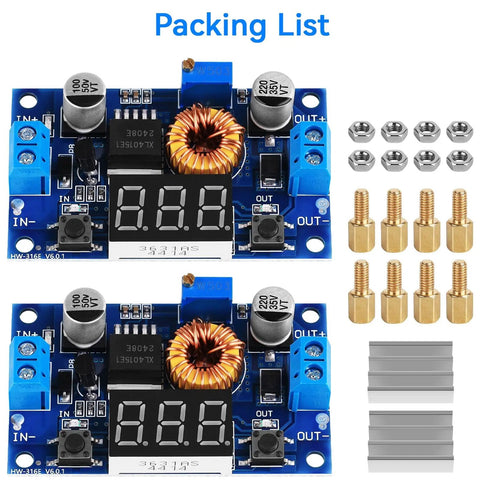 High Power Adjustable Buck Converter Module 5A 4-38V Input To 1.25-35V Output With 75W LED Display Copper Column DIY Voltage Regulator For Batteries And Automotive Projects 2 Pack with accessories
