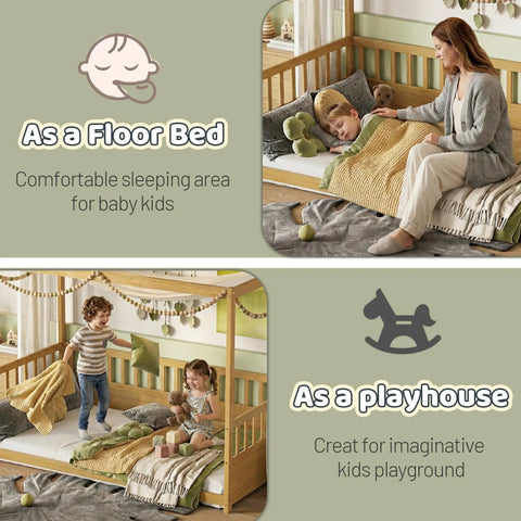 Twin Size Canopy Bed Frame With Four Posters And High Guardrails For Kids Montessori Floor Bed Natural Wood Play Space