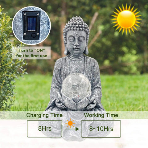 Dope Zen Solar Buddha Statue With Cracked Glass Ball Light in garden setting, showing solar panel, charging 8-10 hours