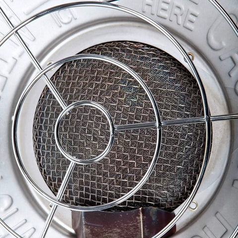 Close-up of chrome emitter guard on Powerful 32,000 BTU LP Propane Tank Top Heater With Dual Heads for safe heating