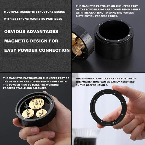 Game Changing Wdt Espresso Distribution Tool With Ten Precision Stainless Steel Needles Tailored For 51mm 53mm 54mm And 58mm Portafilters showing magnetic powder connection design.
