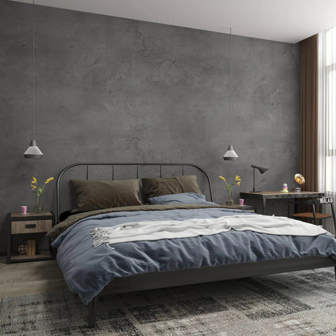 Bedroom with 16x118 Inch Dark Grey Concrete Wallpaper Peel And Stick 3D Matte Textured Thick Cement Vinyl Wrap behind bed