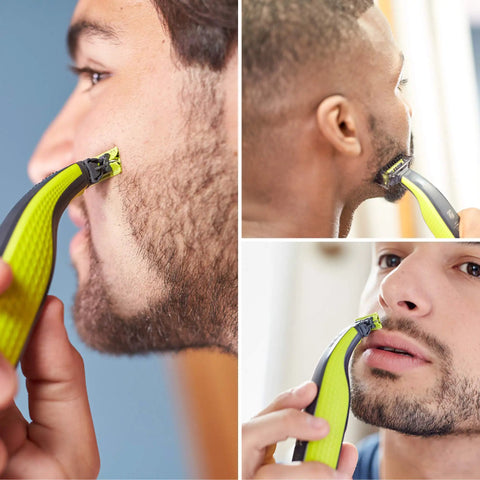 Men using OneBlade Hybrid Electric Trimmer And Shaver With Dual Cut Technology Cordless Portable And Maintenance Free No Oil Needed Designed For Face And Body Grooming QP2520 on beards