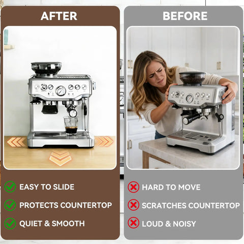 Ultimate Espresso Machine Slider Compatible With Breville 870XL before and after comparison showcasing countertop movement ease.