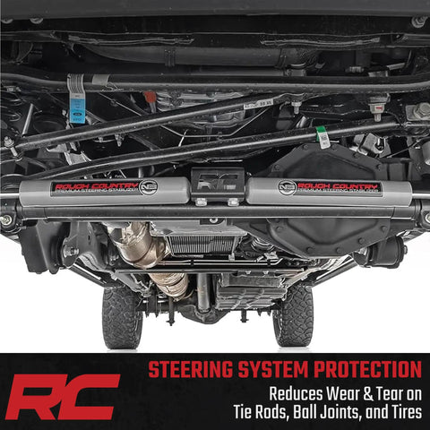 Underneath view of N3 Dual Steering Stabilizer for 07-18 Jeep Wrangler JK Improve Handling and Stability, Cut Bump Steer and Vibration