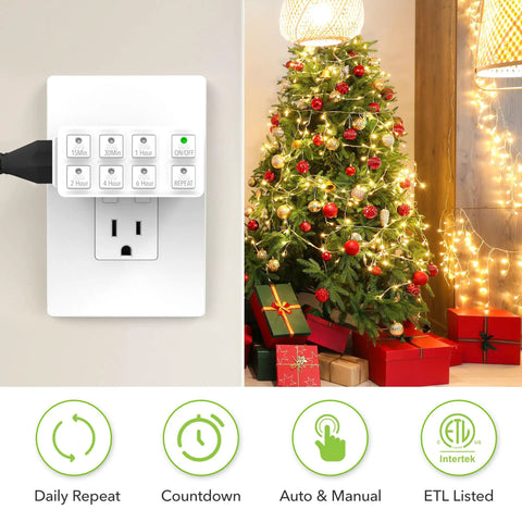 Indoor Countdown Timer With Repeat Function For Home Use, Heavy Duty 3 Prong Grounded Outlet with Christmas tree decorations.