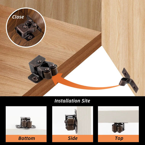 Tough As Nails Cabinet Door Latch And Double Roller Catch Hardware with spear strike screws for closets and RV doors.