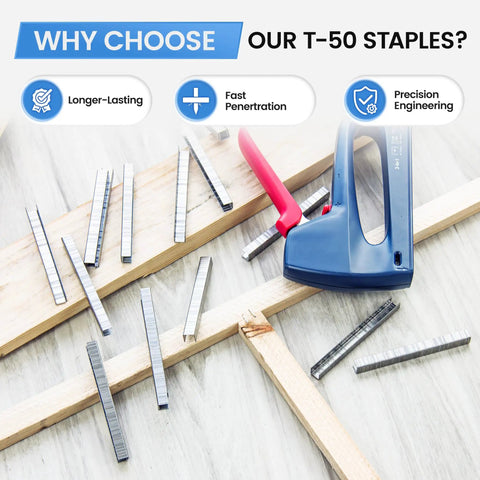 Heavy Duty T50 Stainless Steel Staples 1512 Count 20 Gauge 3/8 Crown 1/2 Inch Leg on wood with staple gun for upholstery.