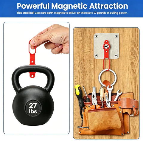 Heavy Duty Magnetic Stud Finder 8 Piece Set Real Deal Drywall Scanner showing a 27 lbs kettlebell held by a magnetic hook.