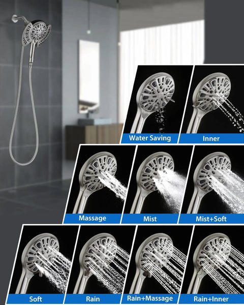 No Fuss Dual Purpose Rainfall Shower Head And Handheld Combo Providing Hella Crisp Water Flow Durable Nickel Finish nine spray modes.