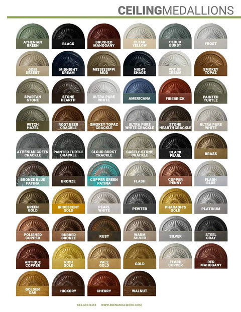 Color options chart for Ashley Ceiling Medallion Hand Painted Black Pearl 24 Inch Outside Diameter 4 Inch Inner Hole Two And One Eighth Inch Projection Lightweight Canopy Compatible Up To Four And Three Quarters Inches Deep Relief