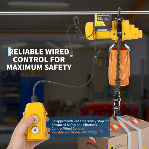 Super Heavy Duty 2200 Lbs Electric Chain Hoist With 20 Ft Lifting Height showcasing wired control and safety features.