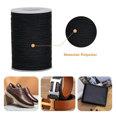 Rock Solid Waxed Thread For Leather Sewing And Bookbinding Hella Durable Half Millimeter Black Cord on a spool, used for crafting.