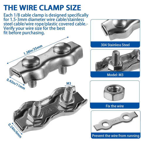 Built Different 304 Stainless Steel Wire Rope Clips 12 Piece Double Bolt Cable Clamps Heavy Duty Rigging Hardware with size details.