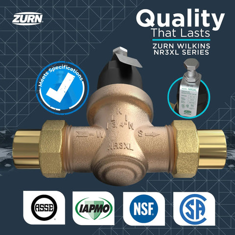 1-1/4 Inch NR3XL Pressure Reducing Valve With Union, Female X Female NPT Connection, compact design, Zurn Wilkins series