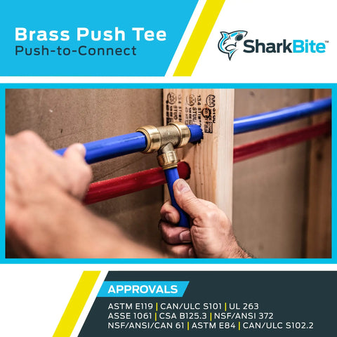 Half Inch Push To Connect Brass Tee Fitting For PEX Copper CPVC PE-RT HDPE Piping installation in wall stud