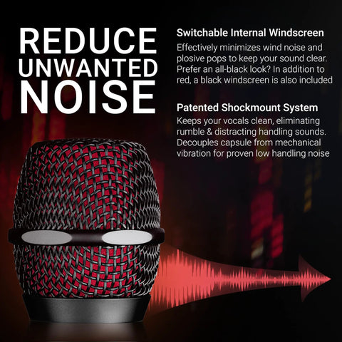 V7 MC1 Wireless Microphone Capsule For Shure Transmitters with red grille and noise reduction features displayed.
