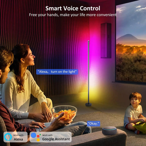 Family enjoying RGBIC Corner Floor Lamp with Remote and App Control in living room, voice command with Alexa enabled.