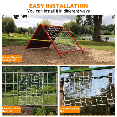 Playground Climbing Net For Kids Outdoor Playset Safe Cargo Rope Net with Nylon Rope Ladder shown in park and yard settings.