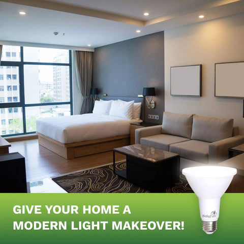 Modern bedroom with 4 Pack LED PAR30 Dimmable Flood Light Bulbs, 12W Equivalent to 75W Halogen installed