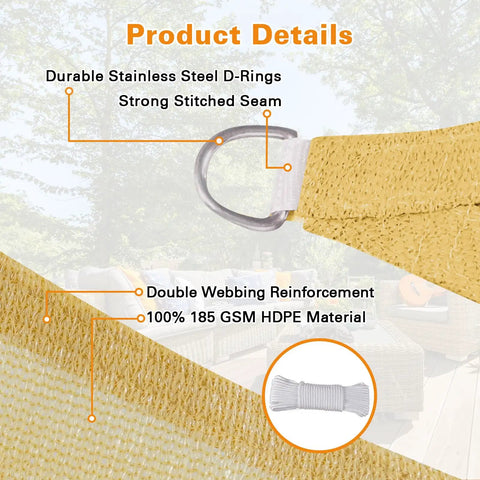 Sun Shade Sail 12x20 Feet Sand Rectangle With Curved Edges, Heavy Duty Commercial Grade 185GSM HDPE Shade Cloth, UV Blocking Up To 95 Percent, Breathable And Wind Resistant With Stainless Steel D Rings, Ideal For Deck Backyard Patio, Custom Sizes.