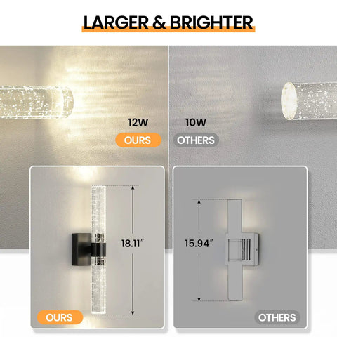 Modern Black Crystal LED Bathroom Sconce 18 Inch Wall Light Fixture 4000K Vanity Light highlighting size and brightness