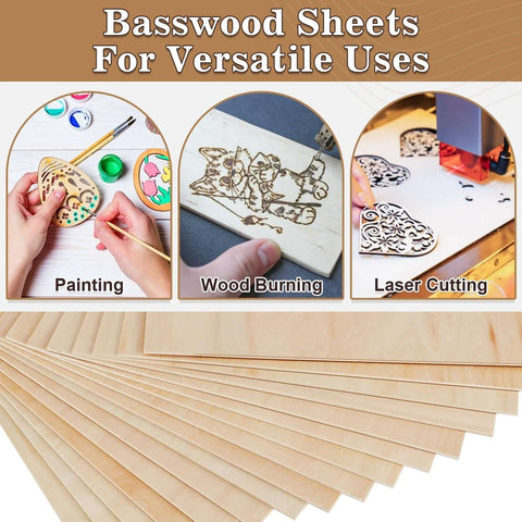 Basswood sheets, 60-pack, 12x12x1/8 in unfinished boards for laser cutting, wood burning, painting