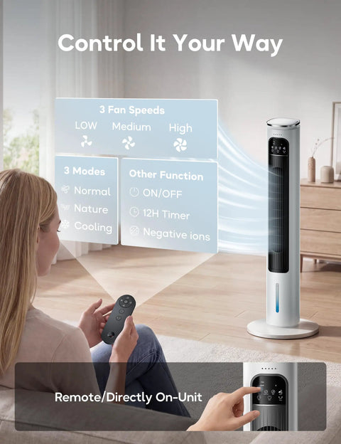 Woman using remote to adjust Portable AC Unit With Remote 37 Inch Ventless Evaporative Cooler Quiet Swamp Cooler With 4 Modes Ductless Tower Fan 12 Hour Timer Ice Packs Included All Season Cooling No Frills White Home Comfort Solution