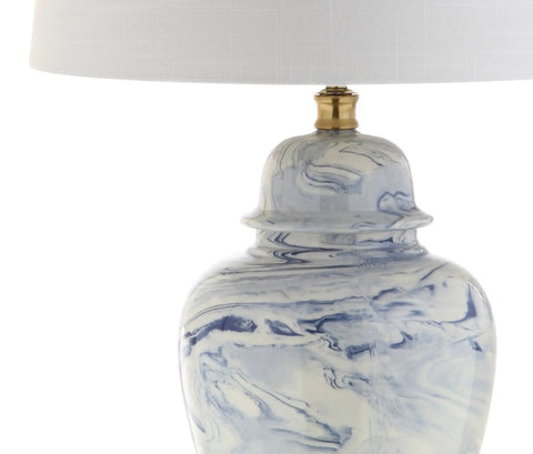 Blue And White Marble Ceramic Table Lamp In Ginger Jar Style With Brass Gold Base And White Linen Drum Shade 26 Inches Tall LED Bulb Included ETL Listed For Safety Classic Yet Modern Home Accent close-up of jar and shade