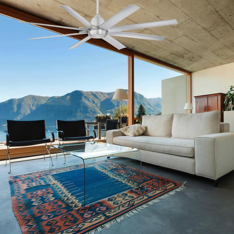 Heavy Duty 66 Inch Outdoor Ceiling Fan With Remote Control In Matte White Delivers Tough Weather Resistant Build And App Controlled Breeze Zero Gripes For Patio Hangouts And Smart Home Setup in modern living room.