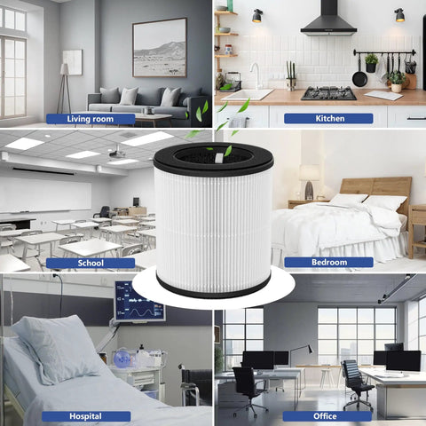 2 Packs D10 Replacement Filters For Tailulu D10 Air Purifier 3 In 1 Premium Activated Carbon Filter Traps Dust Smoke Pet Dander Includes 6 Aroma Pads shown in living room, kitchen, school, bedroom, hospital, office settings.