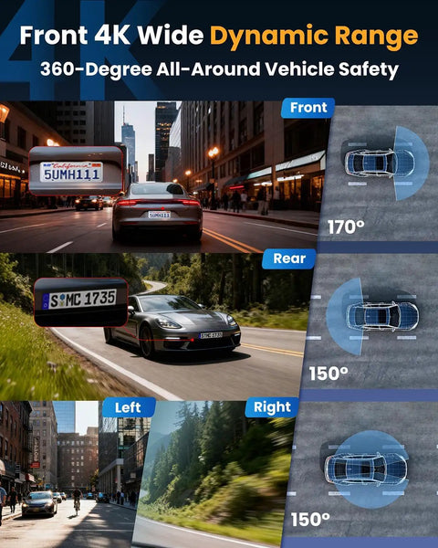 All Around Four Channel 360 Degree Dash Cam With Front Rear Inside And Left Right Cameras 4K Front And 1080P On Other Lenses WiFi