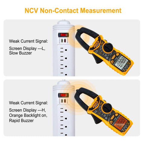 Auto Ranging Digital Clamp Meter With TRMS 6000 Counts in use for non-contact voltage measurement on power strip.