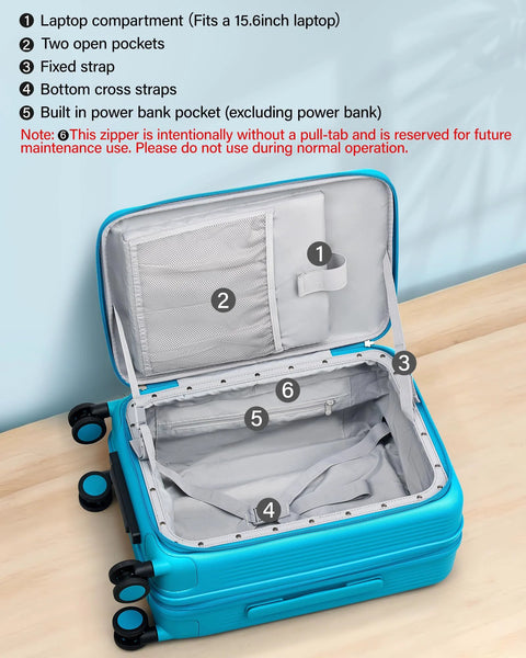 Open expandable carry-on roller suitcase showing laptop compartment and pockets