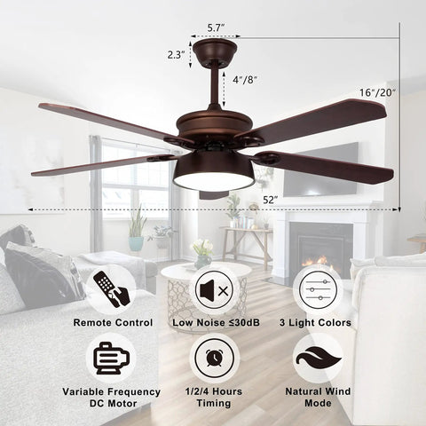52 Inch Farmhouse Ceiling Fan With Light And Remote For Indoor Outdoor Spaces Bronze Finish 3CCT LED 6 Speed Reversible DC Motor Quiet