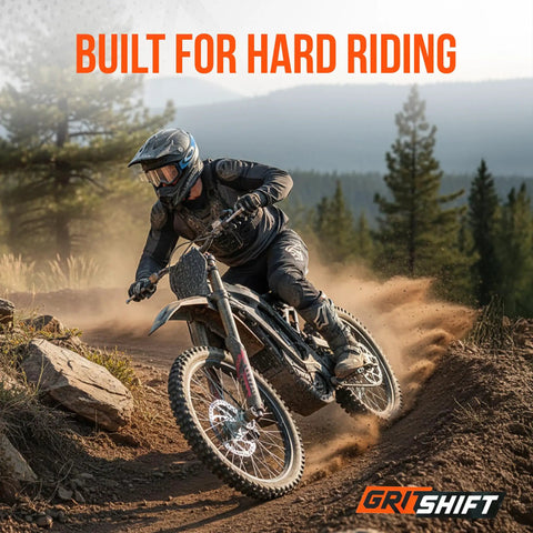 Dirt bike rider on trail, illustrating use of Beefed Up Sintered Brake Pads Front And Rear Set for Sur Ron LBX Segway X160 X260 Talaria MX3 MX4