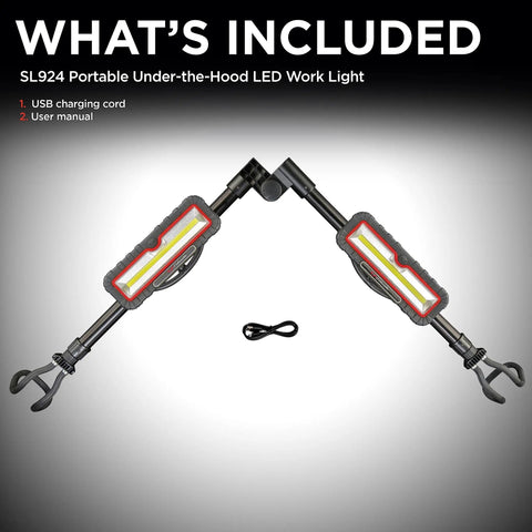 Portable Under The Hood LED Work Light With Dual 1200 Lumen LEDs, extendable arm mounts, and included USB cord and manual