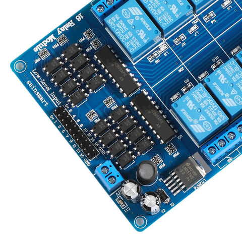 Sixteen Channel 12 Volt Relay Module Board For Arduino And Microcontrollers, High Current Relays Ready For DIY Projects, 10 Amp AC At 250 Volts And 12 Amp DC, Direct MCU Control, TTL Logic, Works With DSP AVR PIC ARM blue PCB close-up