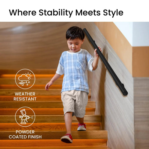Aluminum Handrail Kit For Indoor And Outdoor Steps And Stairs, DIY Complete Stair Railing System In Black, child on stairs.