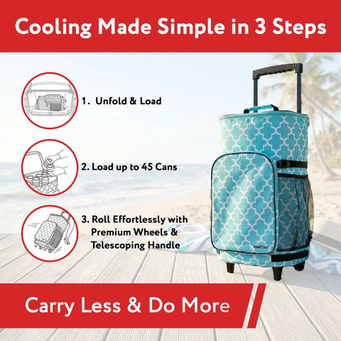 Ultra Compact Smart Cart Cooler With Extended Insulation Collapsible Rolling Tailgate Tote in Moroccan Tile on boardwalk