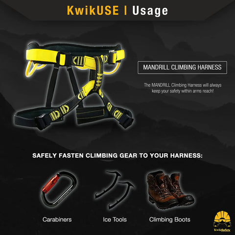 Mandrill Half Body Climbing Harness With Free Tool Lanyard featuring adjustable straps and gear loops with climbing accessories shown.