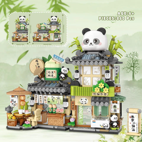 Mini Tea Shop Building Blocks Set 860 Pieces MOC Creative Construction Toys With Cute Panda Figures For Kids And Adults 6 12 Plus Gift Idea Realistic Architecture Simulation Model Kit For Collectors And Builders, bamboo tea shop view