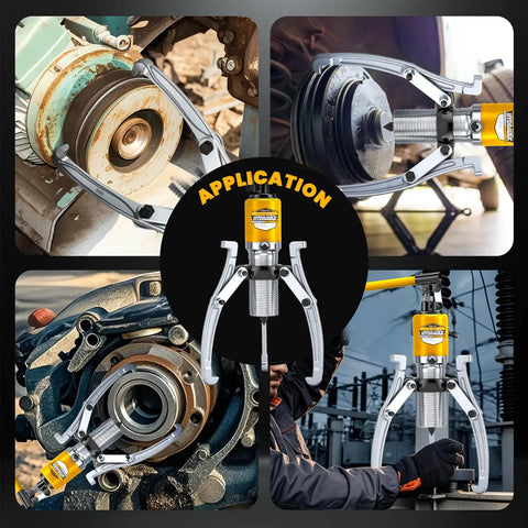 Beefy 20 Ton Hydraulic Gear Puller Kit With 3 Jaw Puller, Vertical And Horizontal Pulling, Wheel Bearing Separator, Heavy Duty Auto Repair Tool Set In Durable Case shown in various applications in repair settings.