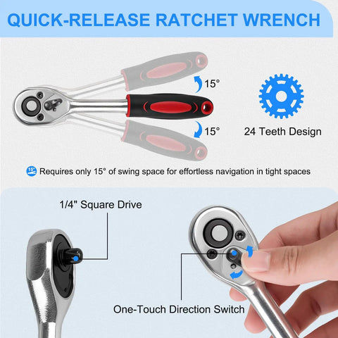 46 Piece One Quarter Inch Ratchet Socket Set With Metric Sockets showing quick-release ratchet wrench and square drive