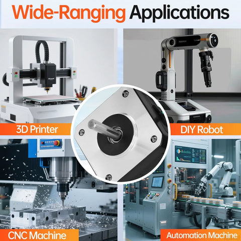 Wide-ranging applications of NEMA 17 stepper motors 10-pack in 3D printers, CNC machines, DIY robots, and automation systems.