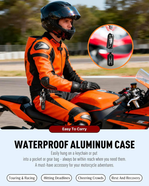 Motorcyclist wearing orange gear on sportbike with waterproof aluminum case attached to suit for easy carrying.