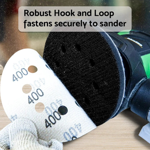 5 Inch Wet And Dry Sanding Discs Set Hook And Loop 54 Pcs Silicon Carbide With Grits 80 Through 3000 Includes Tack Cloth For Automotive Wood And Metal Finishing On A Pro Grade Workhorse Orbital Sander shown with sander.