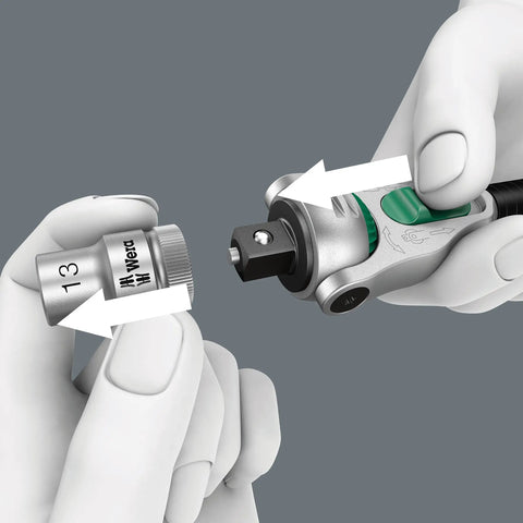 Zyklop 8000 C Half Inch Drive Ratchet With Five Tools In One shown with socket attachment in hand, ideal for tight spaces.