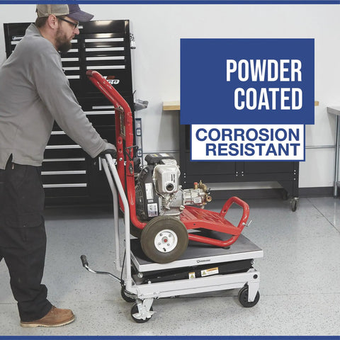 Heavy Duty Hydraulic Table Cart With Fast Two Speed Lift And 1000 LB Capacity built for moving equipment in a garage.