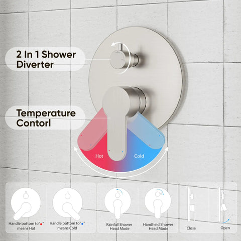 Heavy Duty Shower System With A Ten Inch Rain Shower Head And Adjustable Handheld Mount In Glossy Brushed Nickel showing temperature control diverter.